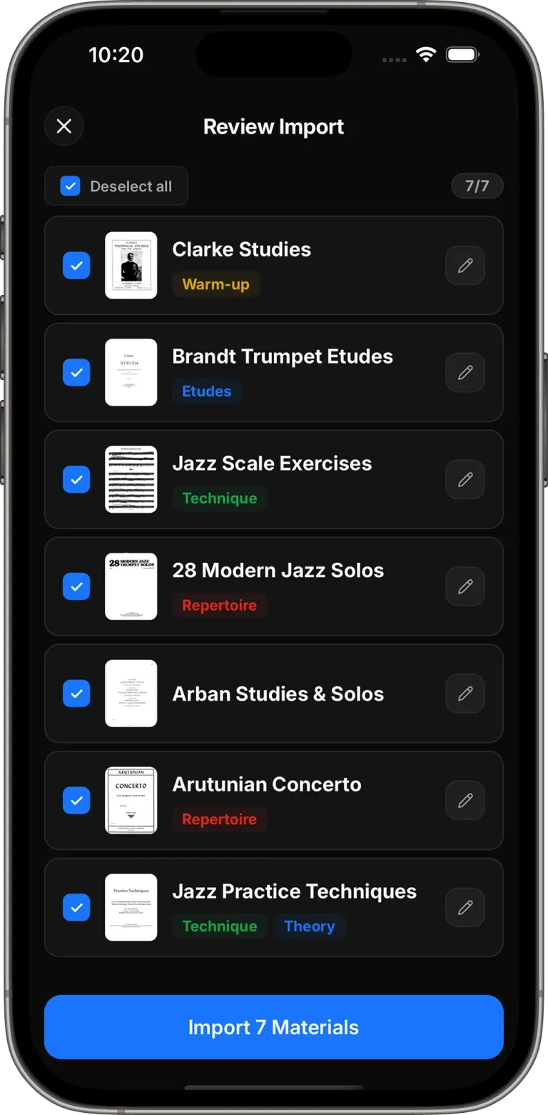 PracticePal material detail with sheet music, notes, and an attached recording